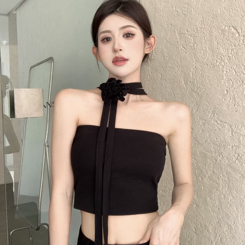 夏季辣妹風高級感立體花朵圍脖彈力顯瘦抹胸背心女無肩帶裹胸上衣
