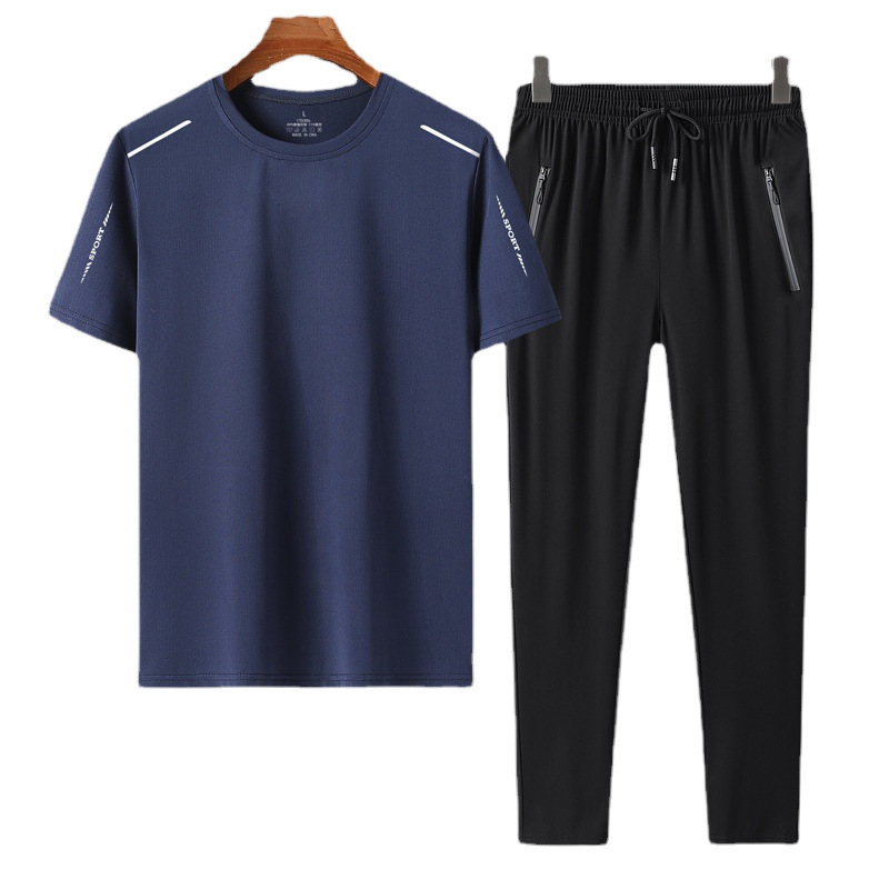 Verano de mediana edad camiseta de manga corta hombre hielo pantalones secos rápidos de media manga dos piezas set de mediana edad papá set de verano