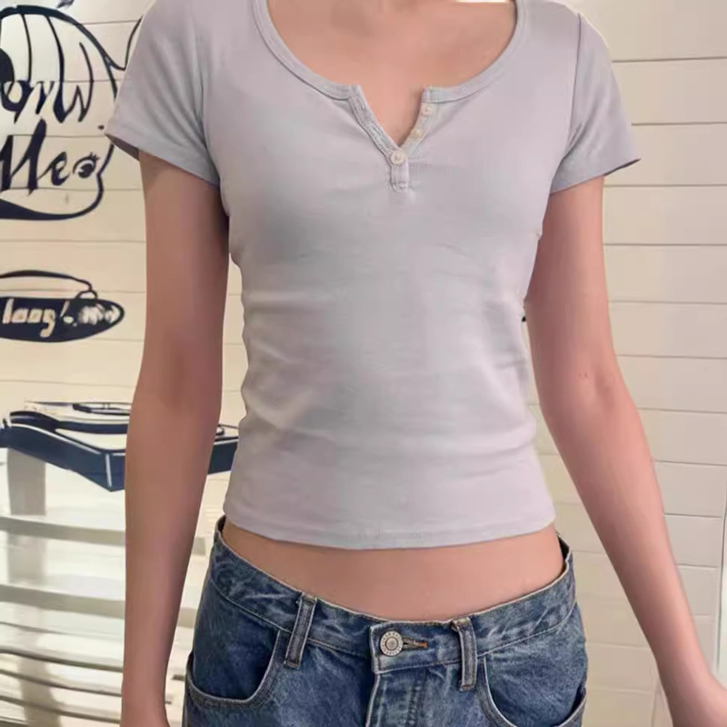 BM Style New light blue Three-button Zelly Top Short-sleeved T-shirt Women's BM Summer Hot Girl Slim-fit Slim Top