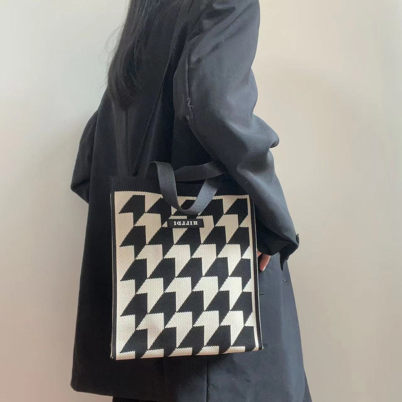 Sac à main cabas à motif pied-de-poule élégant et polyvalent_voghion.com