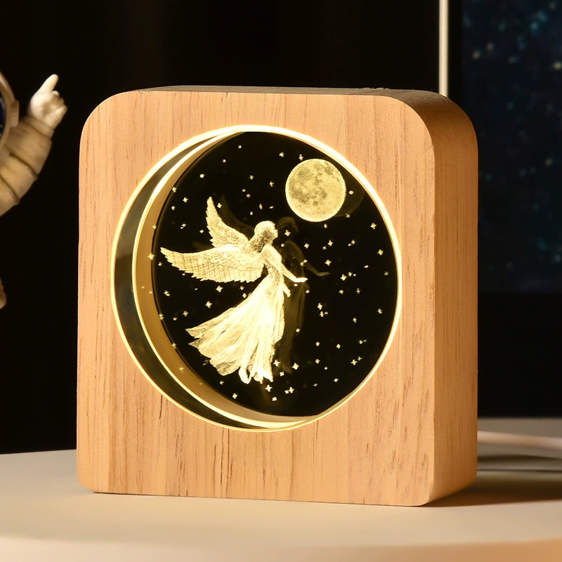 [跨境星球小夜灯3D图案内雕发光水晶桌面摆件木质底座景观节日礼物]