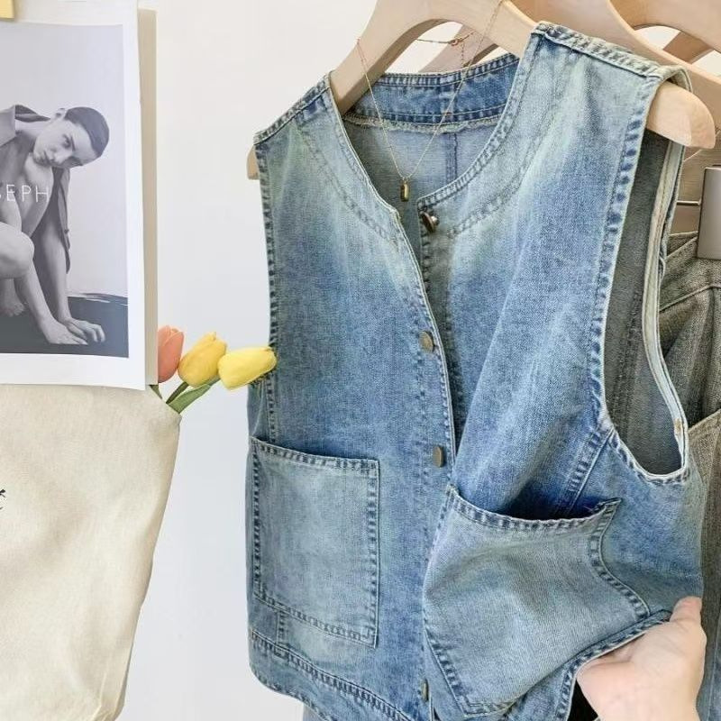 Korean Style Round Neck Retro Loose Outer Layer Stacked Denim Vest Vest Waistoutwear Short Jacket Vest Casual