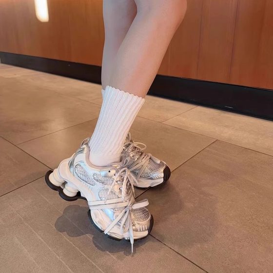 Internet Celebrity Same Thick-soled Torre Shoes Women's 2025 New Spring Mesh Breathable All-match Height-increasing silver sneaker