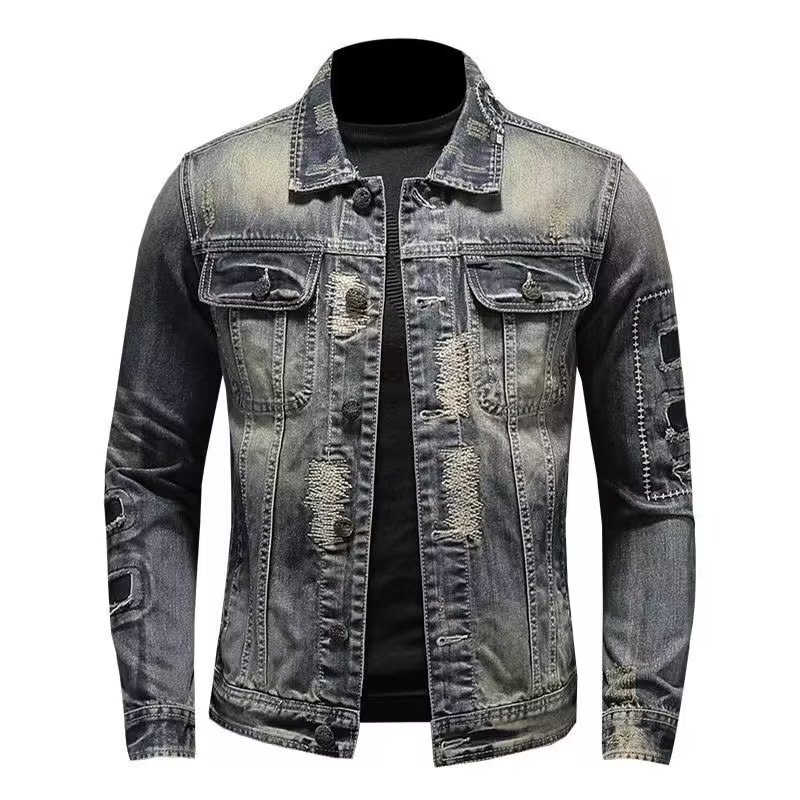 Cross-Border New Trendy Denim Jacket Men's New Handsome Slim Motorcycle Jacket Retro Handsome Ripped Denim