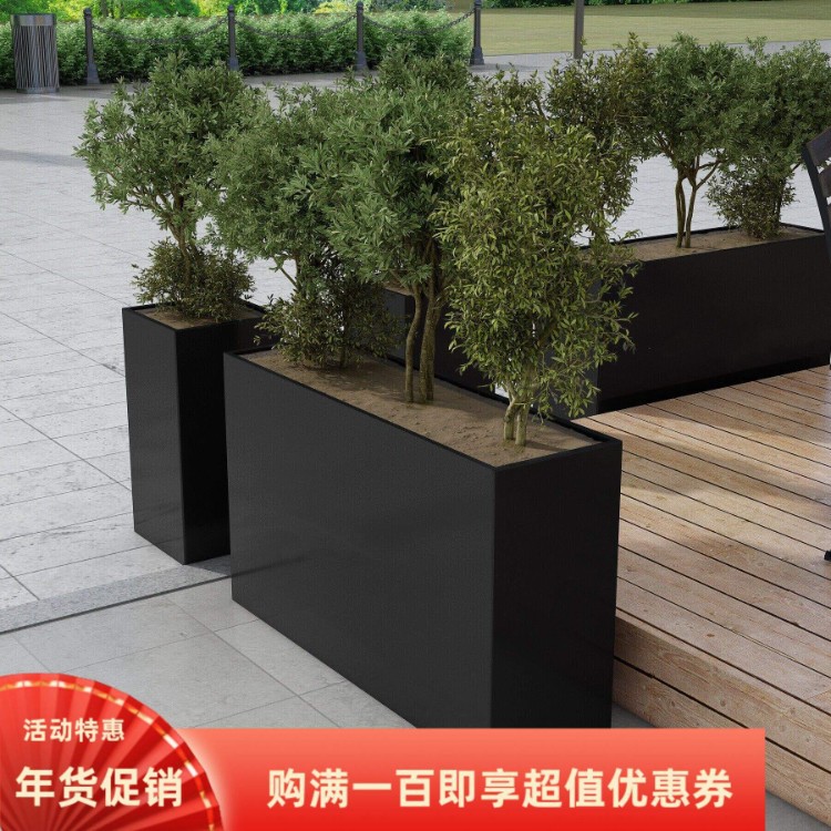 Custom-made outdoor wrought iron flower box fence for square sales offices, outdoor display of galvanized sheet rectangular flower troughs, flower pots, and flower beds