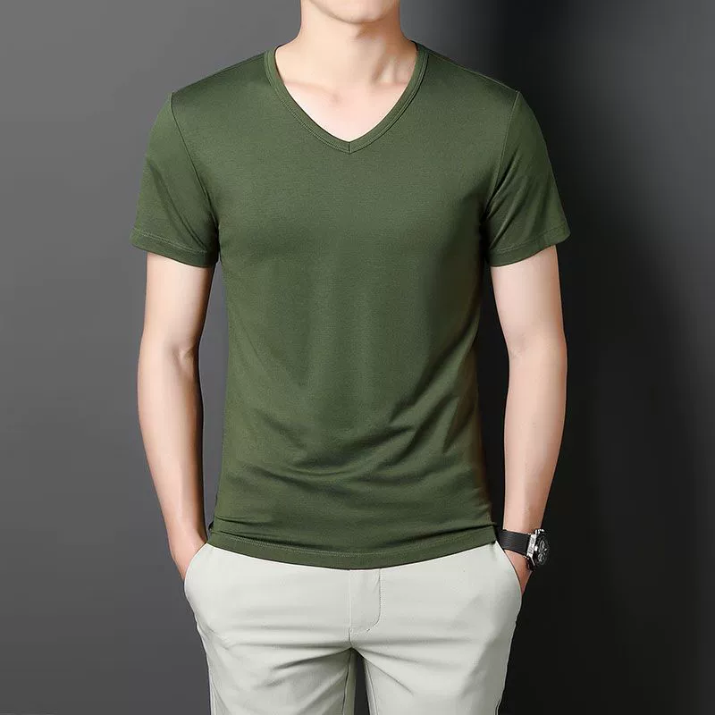 Футболка с короткими рукавами мужская летняя тонкая эластичная нижняя рубашка молодежная сплошная футболка с V-образным вырезом с половиной рукава топ оптовая продажа
