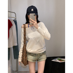 White One-Shoulder Exposed Collarbone Sexy Slanted Shoulder Top for Women 2025 Early Autumn Loose Lazy Elegant Long-Sleeved T-Shirt