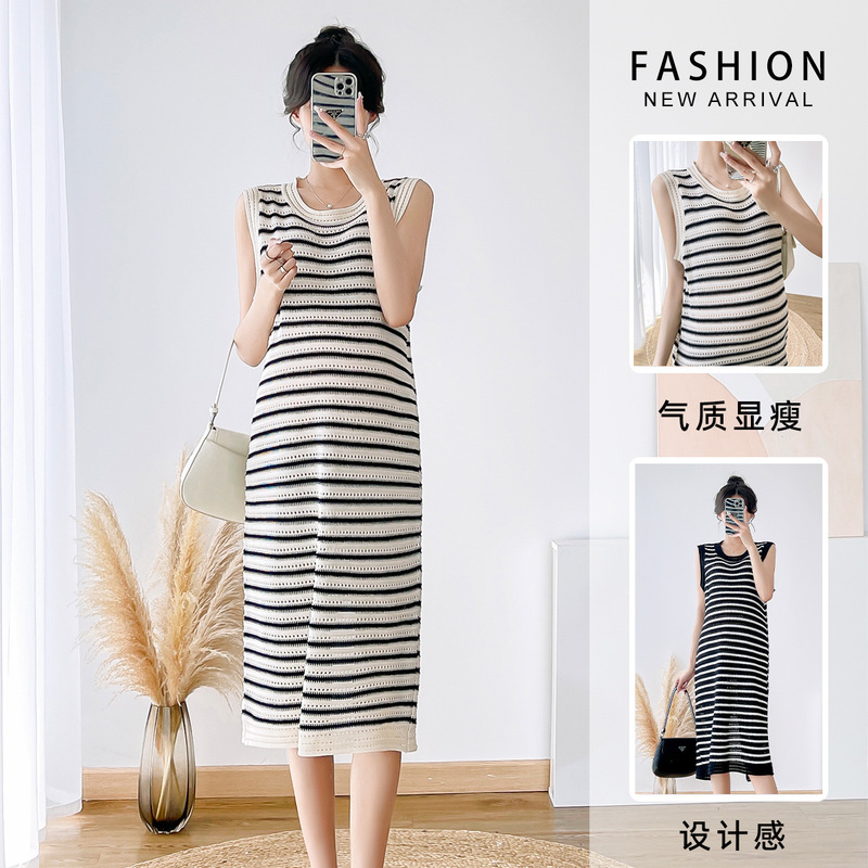 Maternity 2024 Summer New Online Popular Fashion Slimming Hollow Knitted Loose Pregnant Women's Dress
