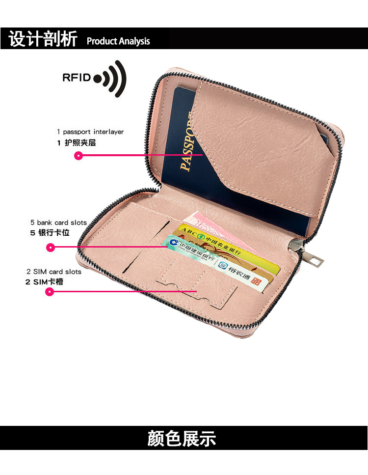 Pasaport çantası, fermuar, RFID koruması, çok fonksiyonel