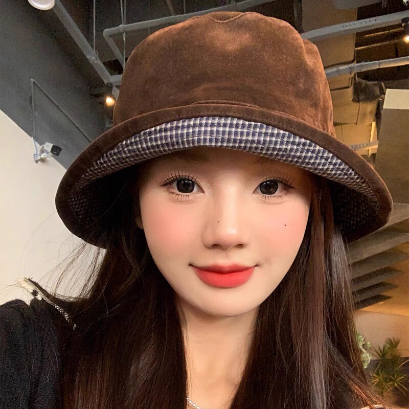 双面戴丝绒复古格纹渔夫帽子女秋冬高级感休闲百搭显脸小遮脸盆帽|undefined