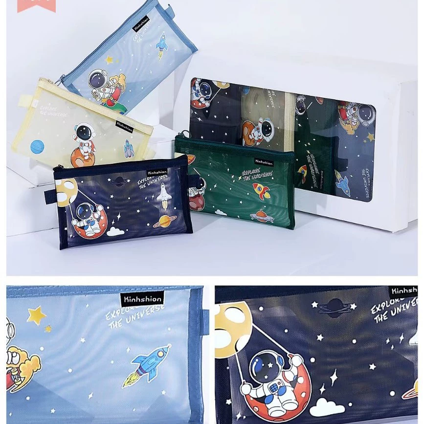 Прозрачный пенал-органайзер: простой, вместительный сетчатый чехол для хранения, студенческий конверт для экзаменов, коробка для канцелярских принадлежностей с астронавтом