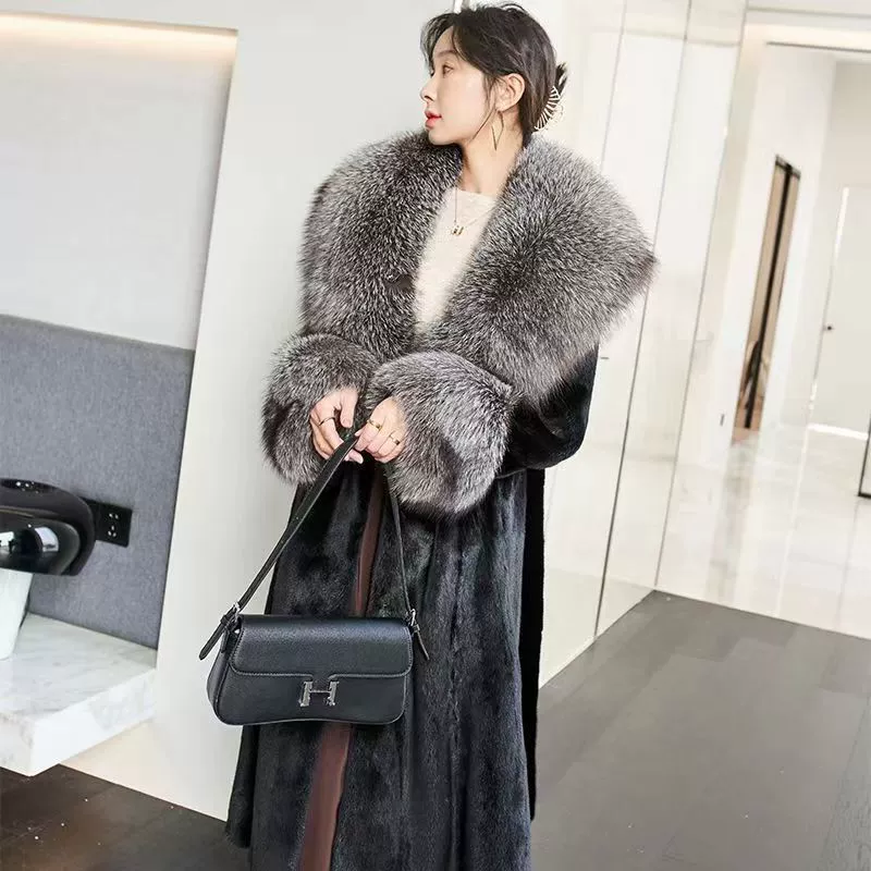 Осенне-зимняя верхняя одежда из искусственного меха норки, длинная женская верхняя одежда с воротником из искусственного лисьего меха, женская утолщенная женская одежда из искусственного меха норки