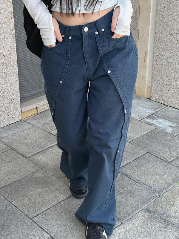 美式街头酷妹铆钉设计感不规则牛仔裤女跨境低腰宽松直筒休闲长裤|undefined