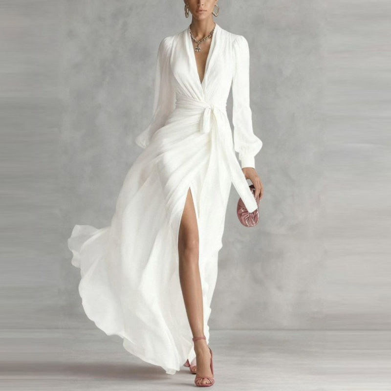Cross-Border 2026 European and American New Style V-Neck Solid Color Waist-Cinching Long-Sleeve Design High-Slit Flowing Chiffon Dress for Women Cross-Border 2026 European and American New Style V-Neck Solid Color Waist-Cinching Long-Sleeve Design High-Slit Flowing Chiffon Dress for Women
