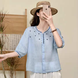 42支苎麻刺绣衬衫女2026夏季新款文艺复古圆领纯色宽松百搭衬衣