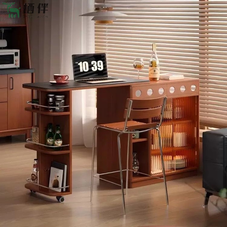 Solid Wood Slate Bar Table Cabinet Storage Storage Small Apartment Home Dining Side Cabinet Entrance Island Partition Telescopic Cabinet
