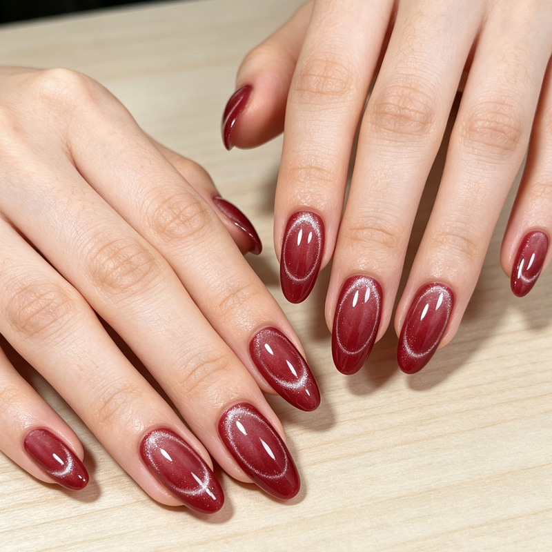 New foreign trade 24-piece deep red sparkling ring cat-eye manicure, cool and elegant long almond-shaped press-on nails wholesale