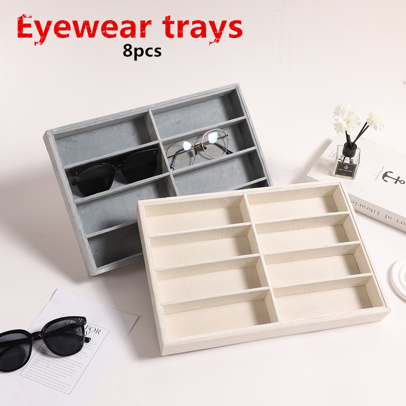 Glasses Storage Box Optical Sunglasses Display Box Double Row 8 Pair Velvet Cloth Jewelry Tray Beige Grey
