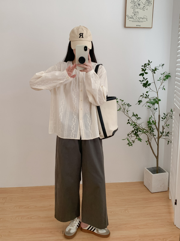 9528文艺齿牙边领直条蕾丝布长袖衬衫女2025秋装新款休闲显瘦上衣|undefined