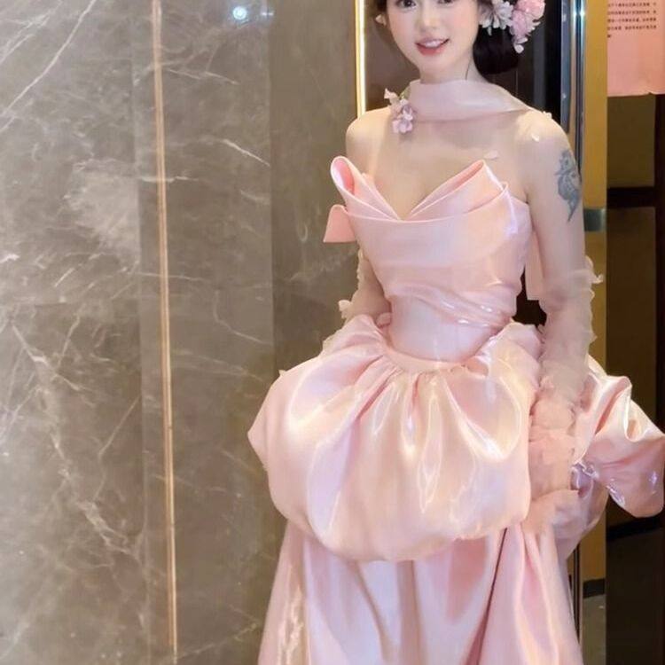 Pink Strapless Gown Engagement Evening Dress for Women, New Luxury Niche Birthday Party Banquet Celebrity Art Exam Dress Pink Strapless Gown Engagement Evening Dress for Women, New Luxury Niche Birthday Party Banquet Celebrity Art Exam Dress