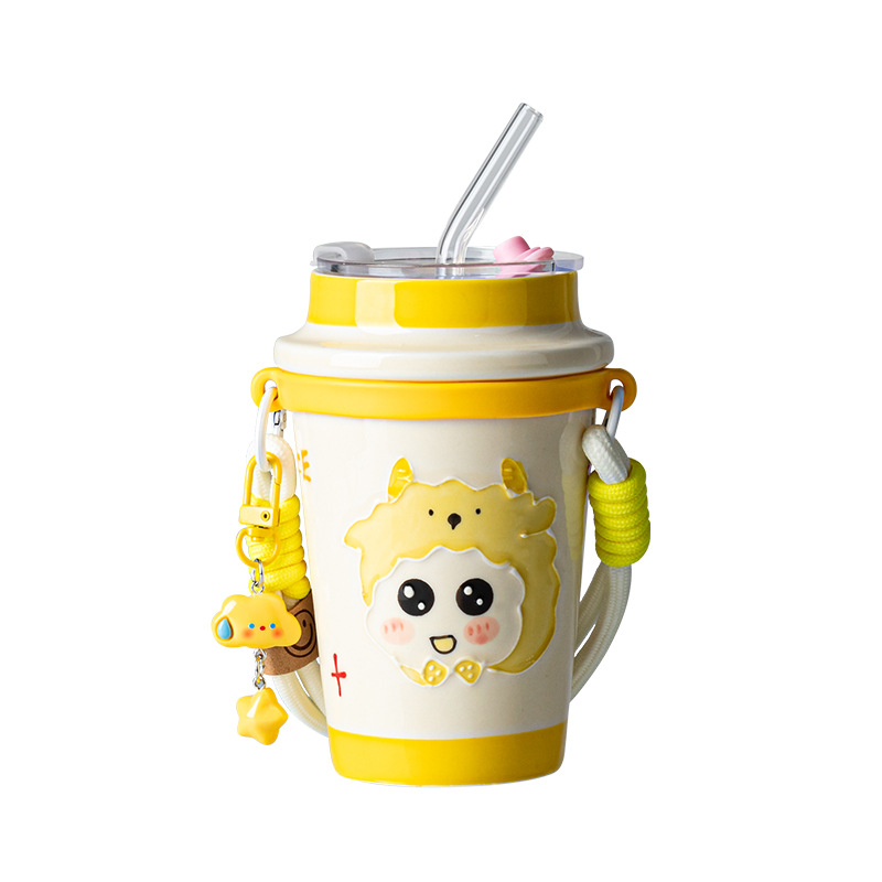 Taza de cerámica de alto valor facial, taza de té de leche encantadora, taza de paja para niñas, boca de bebida directa con cubierta, cuerdas para estudiantes para llevar