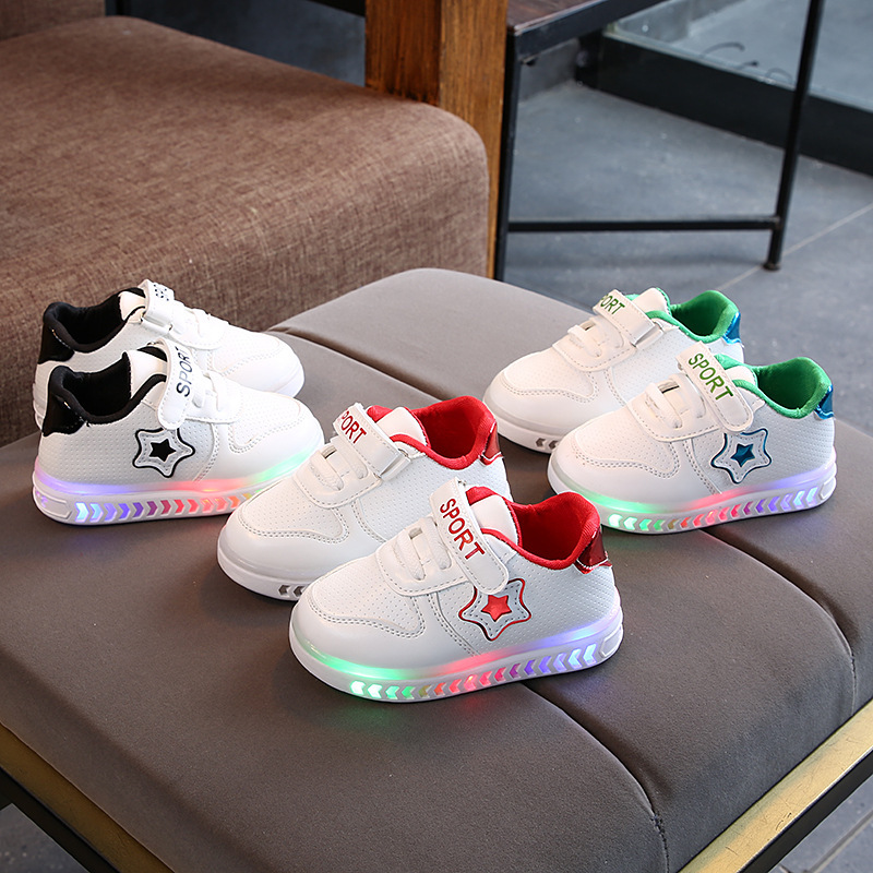 Children's luminous shoes 2024 Korean style new children's sneaker white shoes five-pointed star student shoes baby toddler shoes