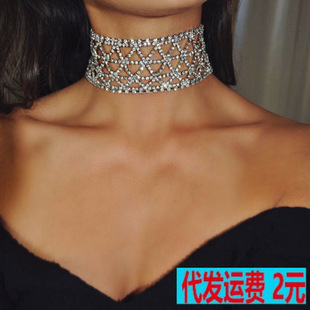 European and American Fashion Exaggerated Diamond Flash Diamond Neck Chain Hollow Rhinestone Bundles Neck Chain Collar Collar Chain Women's Foreign Trade Jewelry