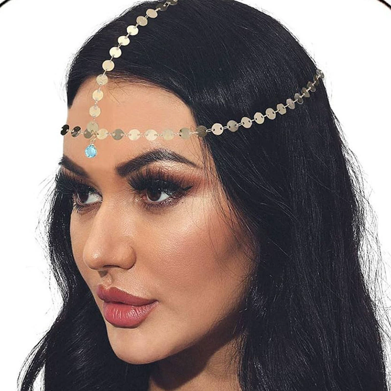 Цепочка на голову с пайетками, золотая цепочка для головного убора, ювелирные изделия, маленькая цепочка для волос с монетами, праздничный аксессуар для волос на Хэллоуин для женщин.