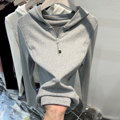 美式复古连帽半拉链长袖外套女2025春秋新款修身叠穿休闲百搭上衣