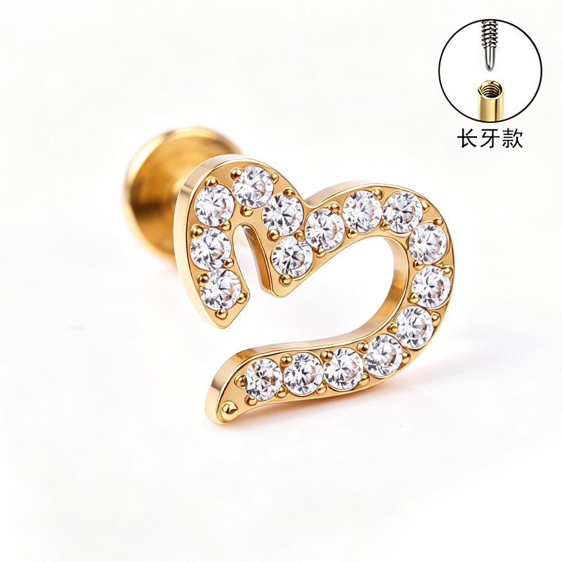F136 Titanium Alloy Ear Studs – Finely Carved Long Tooth Ear Bone Studs with Zirconia, G23 Titanium Body Piercing Jewelry in Gold detail image 14