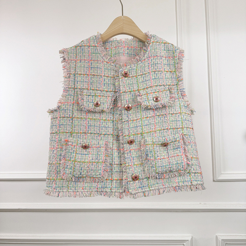 2026 New Style Chanel-Inspired Fringed Tweed Vest with Pockets, Sleeveless Jacket for Women, Single-Breasted Plaid