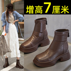 2023 New Fashion Boots Ins Zipper Genuine Leather Slim Boots Elastic Women's Shoes Heel Increase Martin Boots Short Boots Square Head 