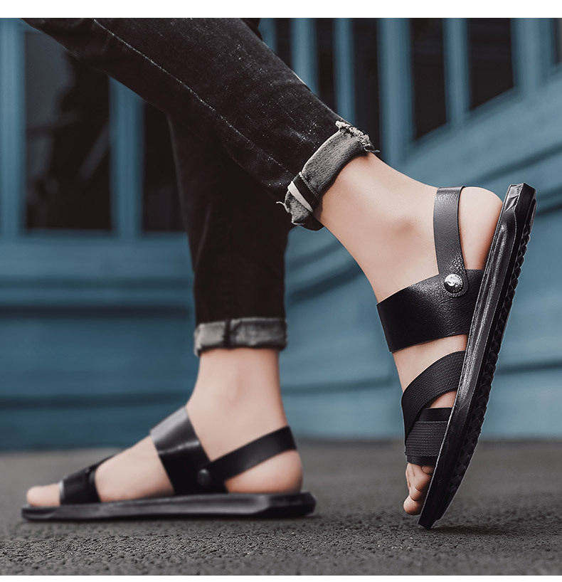 Dép sandal nam quai ngang hở ngón da PU chống trơn trượt, đế mềm thoáng khí đi biển mùa hè — Đen toàn bộ, Đen trắng chi tiết 14