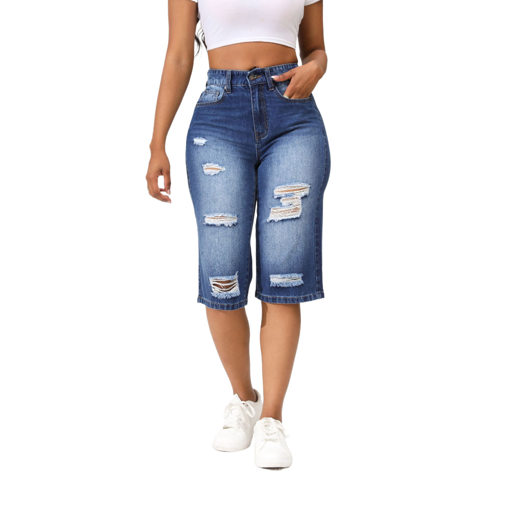 Pantalones vaqueros cortos rotos de estilo europeo y americano para mujer, novedad de verano 2026, pantalones holgados de pierna recta, directo de fábrica, en stock.