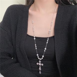 2025 New Style Pull-Out Pearl Sweater Chain Women's High-End Accessible Luxury Niche Necklace Cross Long Necklace
