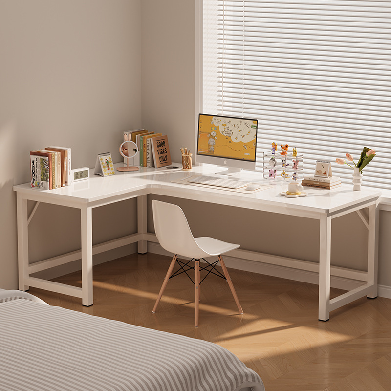 Corner Computer Desk for Home and Bedroom, Study Table L-shaped Cream Wind Hole Plate Corner Desk with Bookshelf Integrated Table