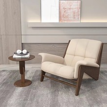 侘寂风单人沙发黑胡桃实木休闲沙发椅客厅售楼处酒店接待洽谈沙发