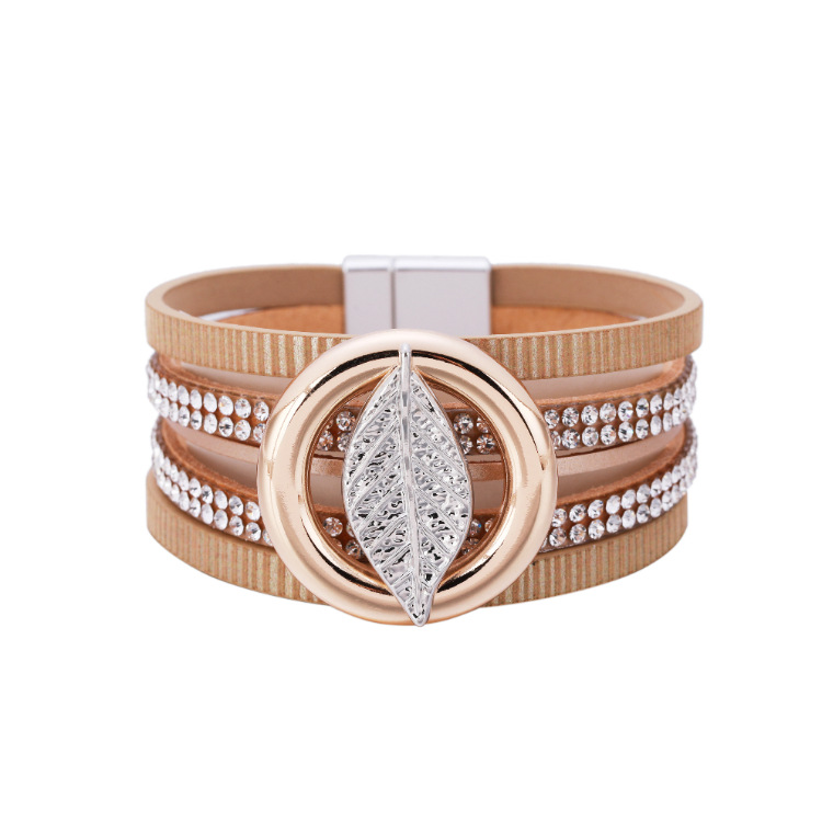 Bohemian Multilayer Hot Rhinestone Leaf Leather Bracelet