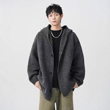 韩版高级感深灰色连帽毛衣男松弛慵懒风秋冬季新款针织开衫外套潮