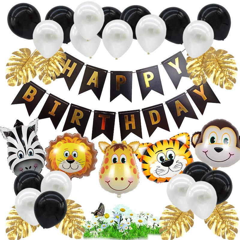Cumpleaños globo traje cola de pescado tire bandera bosque animal tema niño dibujos animados globo niños cabeza animal