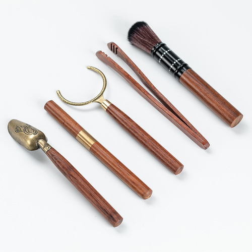 Huailim Wood Tea Ceremony Six Gentlemen Solid Wood Five-Piece Set Tea Tongs Tea Spoon Cup Fork Tea Knife Teapot Brush Tea Set Accessories Tools