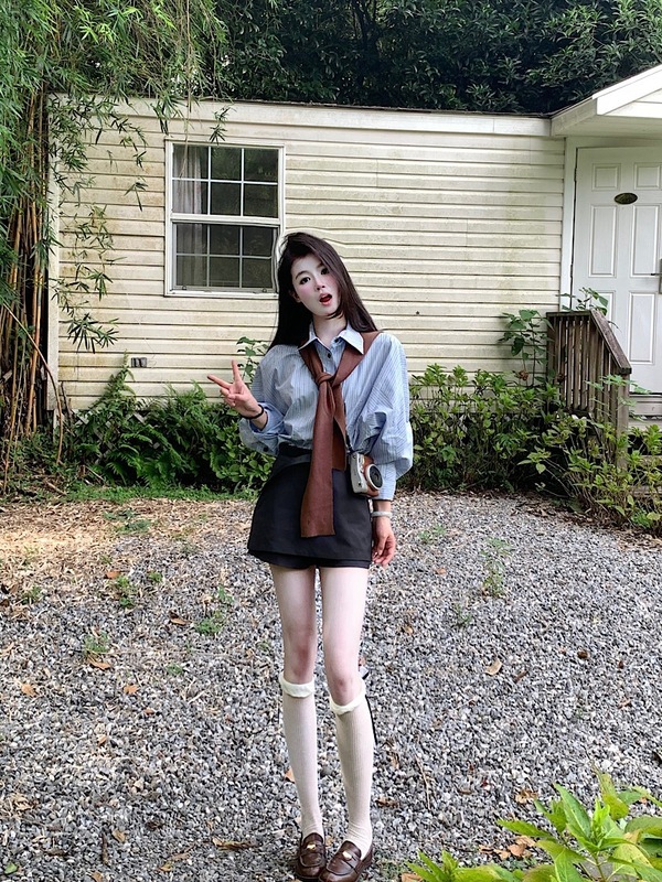 韩系高级感条纹翻领长袖衬衫包臀半身裙女2025秋季新款时尚套装潮|undefined