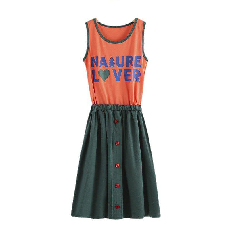 Vestido sin mangas de la letra de las niñas 2022 verano nuevo vestido de algodón delgado para niños medianos y grandes vestido de chaleco para niños falda de empalme