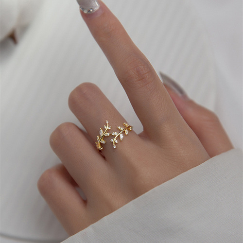 Sterling silver inlaid diamond branch bud ring does not fade niche design branch leaves opening ring jewelry Korean wholesale