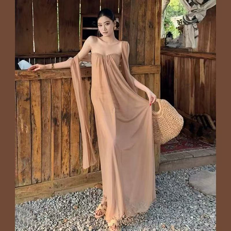 Resort-Style Ribbon Sleeveless Tube Top Dress for Women, Summer Elegant Loose-Fitting Flared Skirt, Casual Long Dress with a Sense of Design