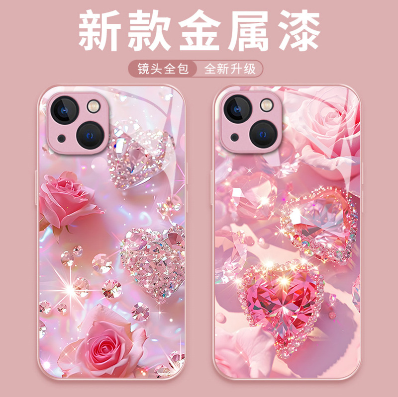 Flash Diamond Rose Mobile Phone Case 13Pm Protective Cover Pink Glass Case Iphone14 Girls 15Pro Niche 11