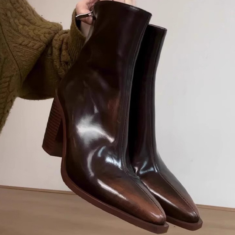 Women's Color-Blocked Short Boots 2025 Autumn and Winter Retro High-Heeled Chunky Heel European and American Style Pointed Toe Chelsea Boots with Back Zipper Slim Boots