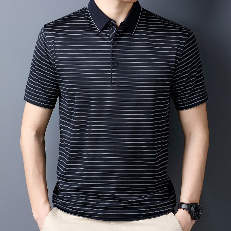 High-End Striped Mulberry Silk Short-Sleeved T-Shirt for Men, New Summer Style, Casual Thin Polo Shirt for Middle-Aged Dads High-End Striped Mulberry Silk Short-Sleeved T-Shirt for Men, New Summer Style, Casual Thin Polo Shirt for Middle-Aged Dads