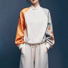 新中国式婦人服国風衛衣女性長袖色合わせ2025新型ファッション洋気高級感プリントコートブーム