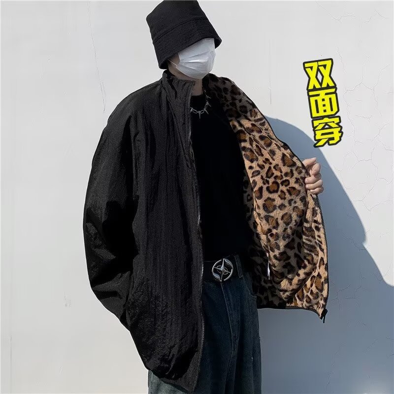 美式复古情侣装豹纹棉服双面穿外套保暖潮牌欧美街头秋冬新款棉衣